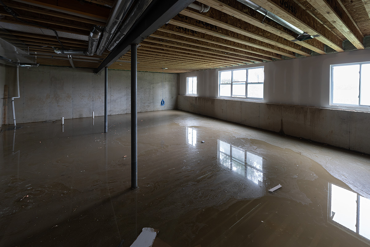 A flooded basement after sump pump failure.